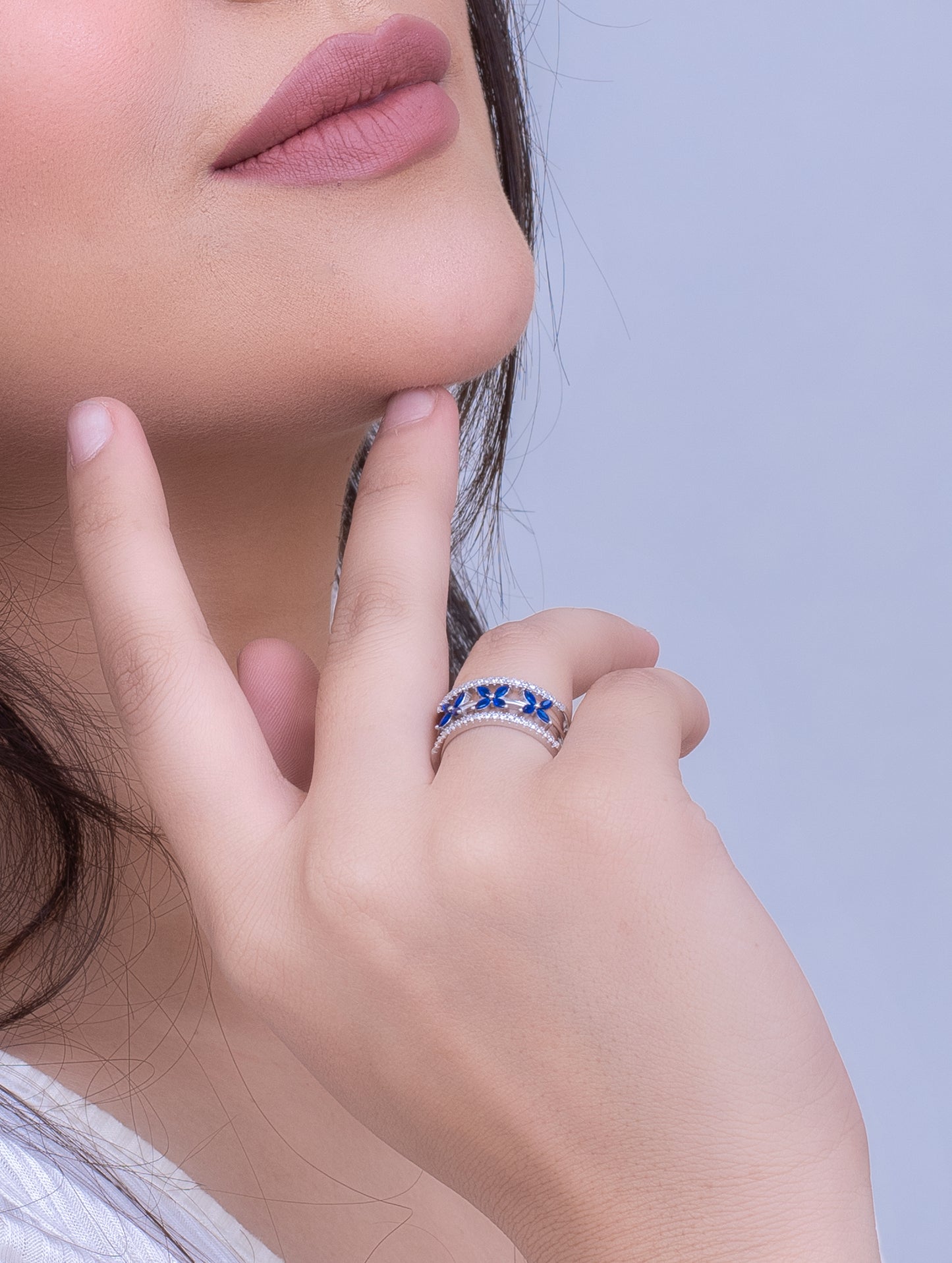 Floral Blue Stone Silver Ring (Adjustable)