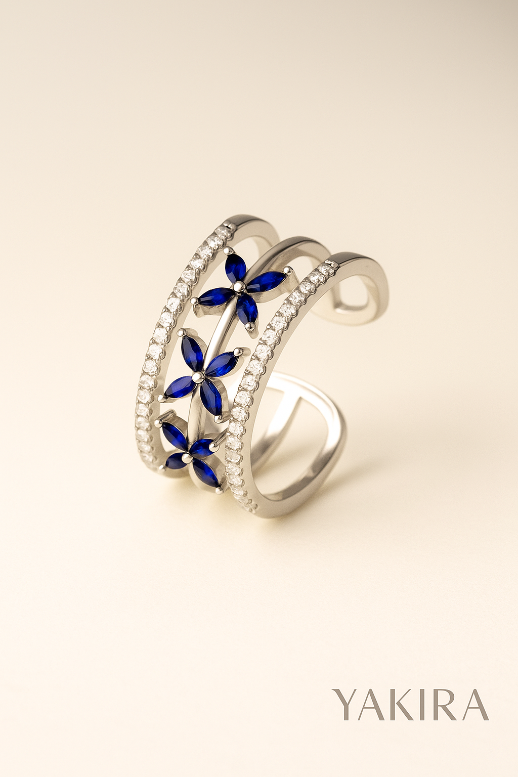 Floral Blue Stone Silver Ring (Adjustable)
