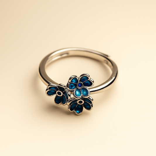 Blue Blossom Trio Silver Ring (Adjustable)