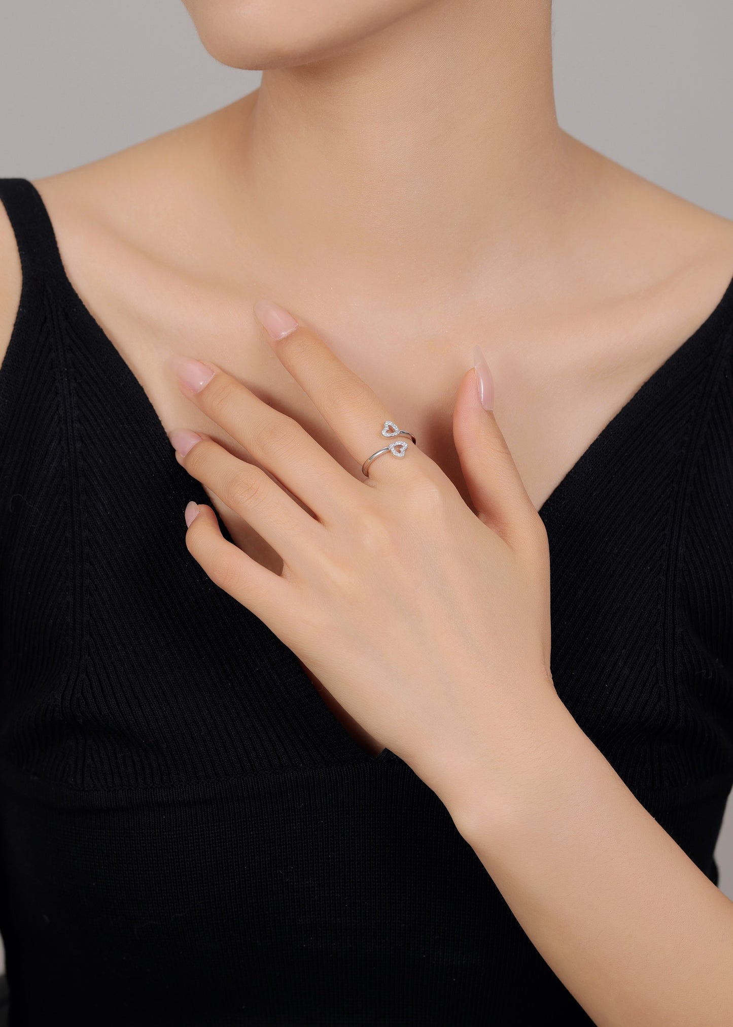 Double Heart Silver Ring (Adjustable)