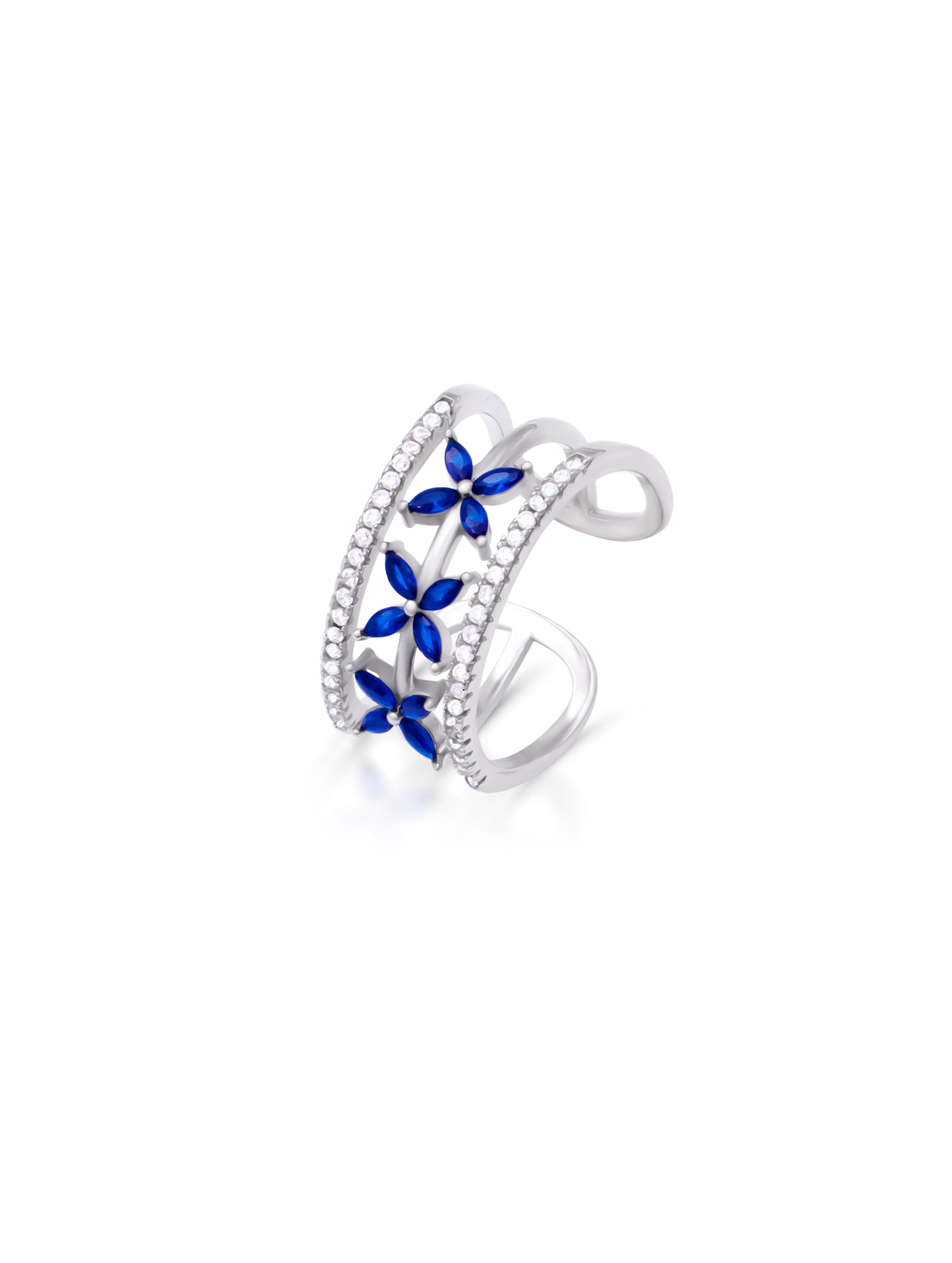 Floral Blue Stone Silver Ring (Adjustable)