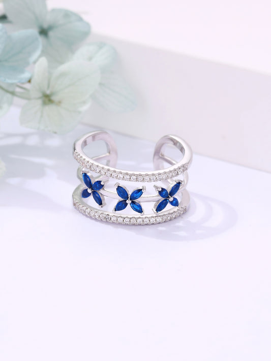 Floral Blue Stone Silver Ring (Adjustable)