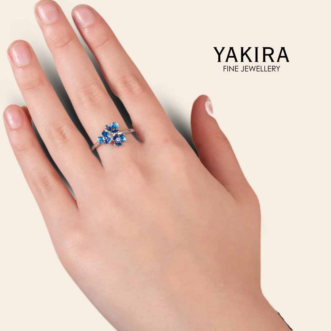 Blue Blossom Trio Silver Ring (Adjustable)